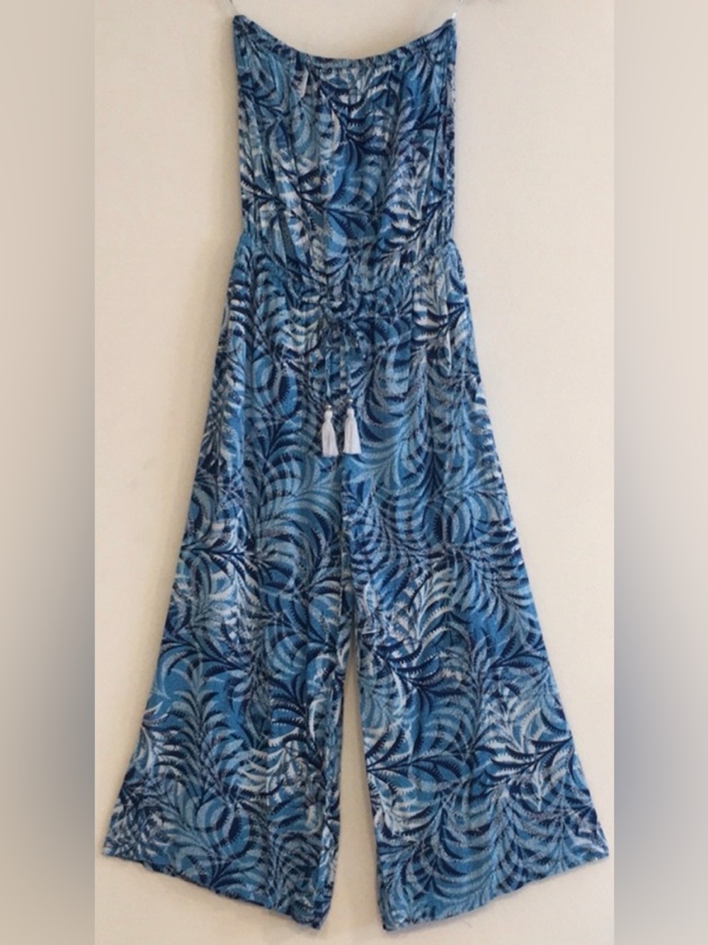 Blue Island Blue/White Palm Leaf Print Jumpsuit